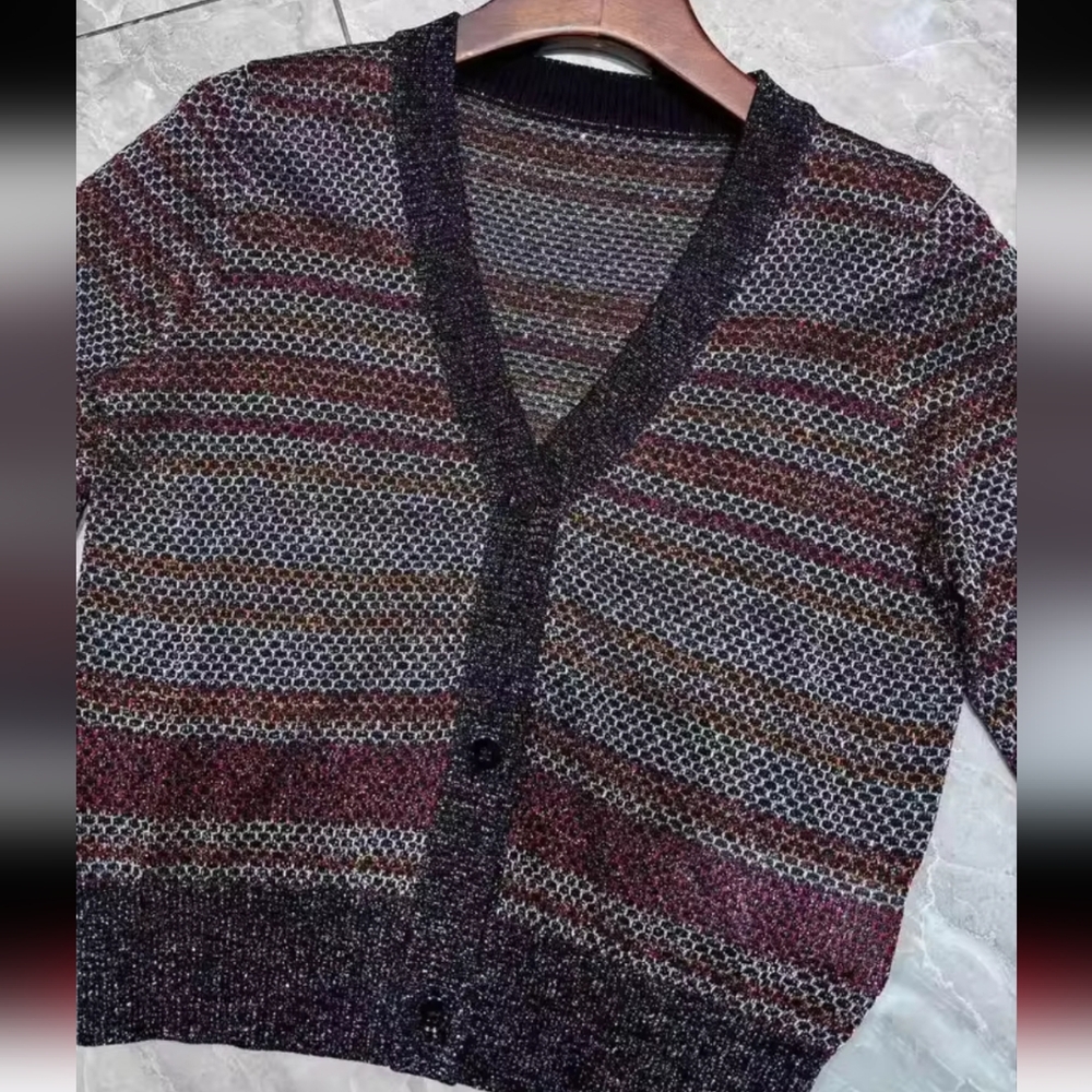 Women's Striped Knitted Cardigan V-Neck Long SleeveSingle Breasted Vintage - Picture 6 of 7
